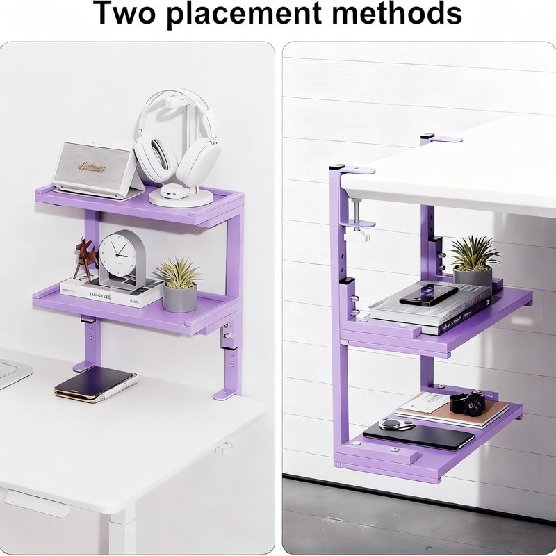 Spacrea clamp on Desk Shelf, 2 Tier Office Desk Shelves Organizer, Wood Desktop Supplies Storage Rack, Desk Organizers and Accessories (Purple) - Image 4